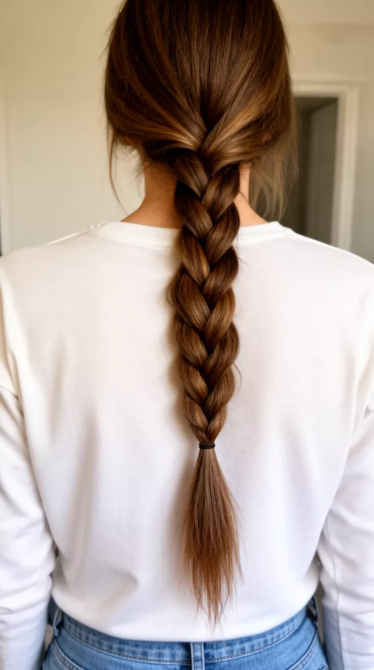 [casual photo] of a 26-year-old woman wearing a simple long-sleeved shirt with a fishtail braid, back view, shot on an iPhone 14 Pro Max