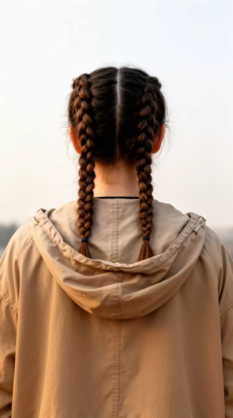 [casual photo] of a 20-year-old woman wearing a simple hooded jacket with double Dutch braids, back view, shot on an iPhone 15 Pro Max