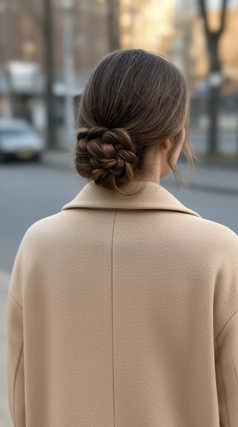 [casual photo] of a 34-year-old woman wearing a simple coat with a braided low bun, back view, shot on an iPhone 13 Pro Max