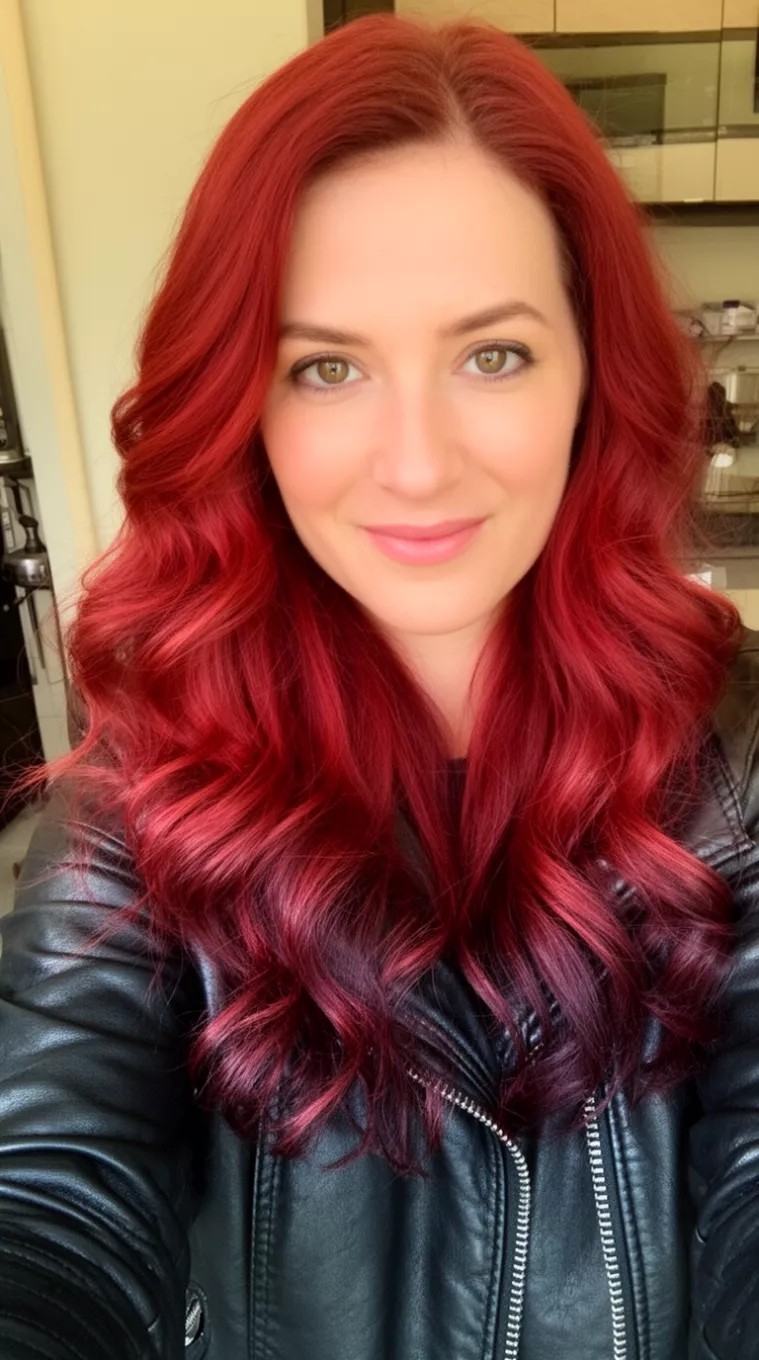 selfie of a 30-year-old woman wearing a black leather jacket with a cherry cola colored wavy long hair