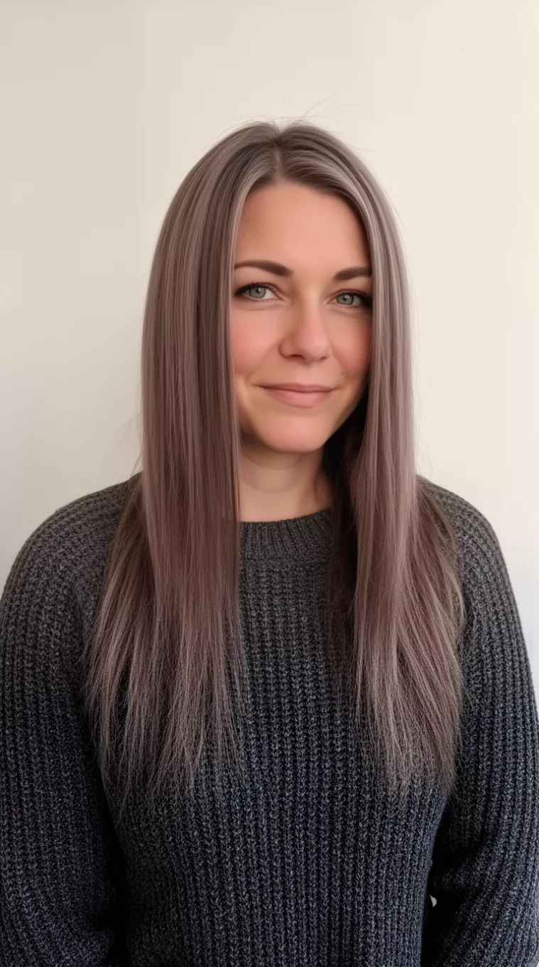 casual photo of a 37-year-old woman wearing a charcoal grey knit sweater with a cool ash brown long straight hairstyle
