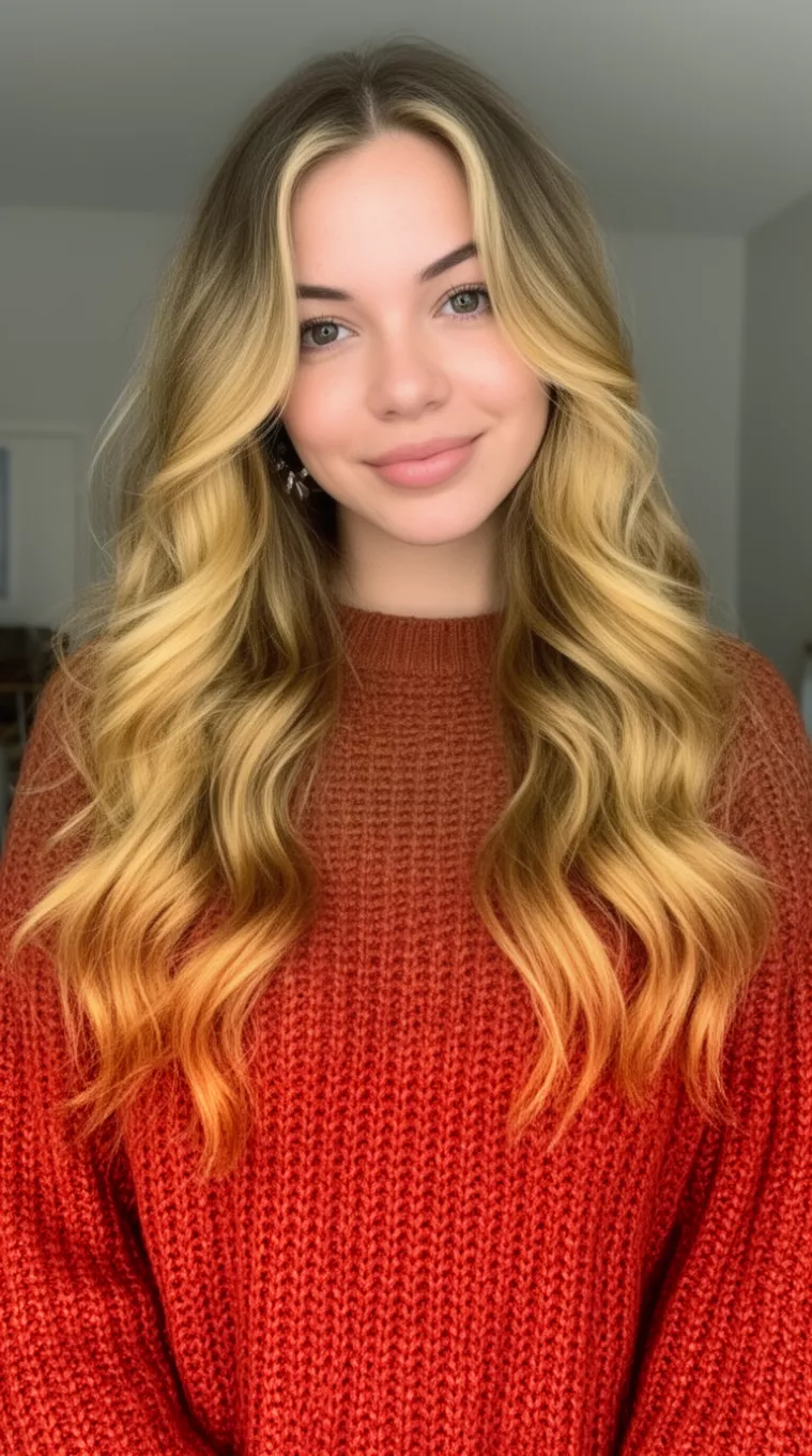 casual photo of a 25-year-old woman wearing a rust-colored chunky sweater with a golden honey highlighted long wavy hairstyle