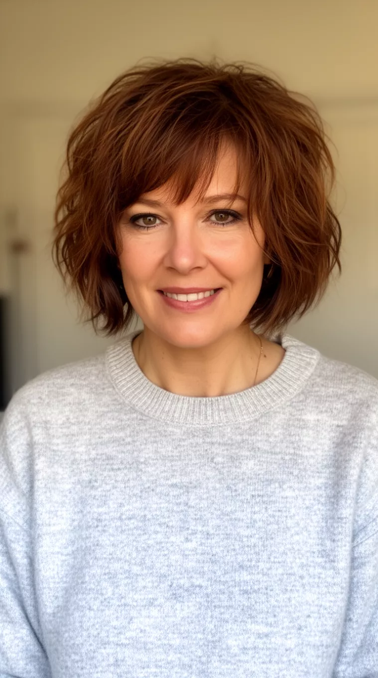 casual photo of a 39-year-old woman wearing a light gray sweater with a mushroom brown medium choppy hairstyle, shot on an iPhone 15 Pro Max