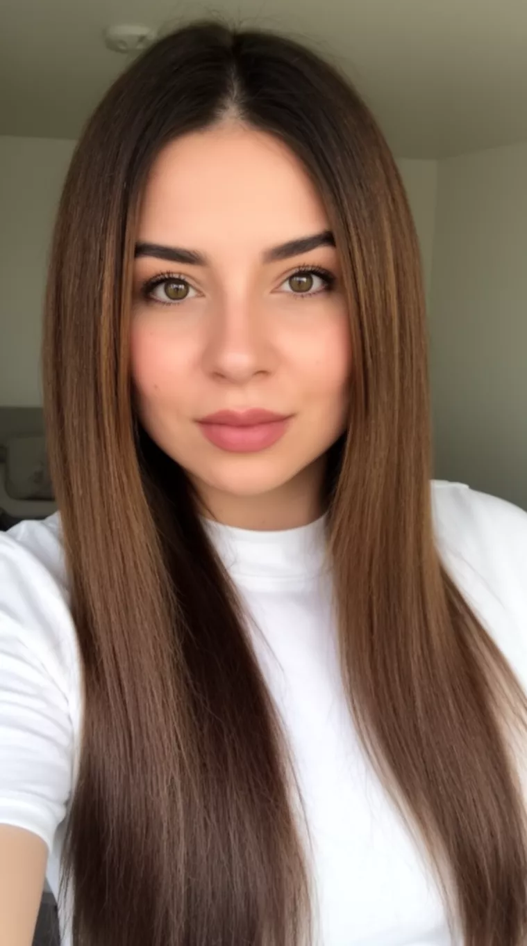 selfie of a 31-year-old woman wearing a white top with a smoky brown long straight hairstyle