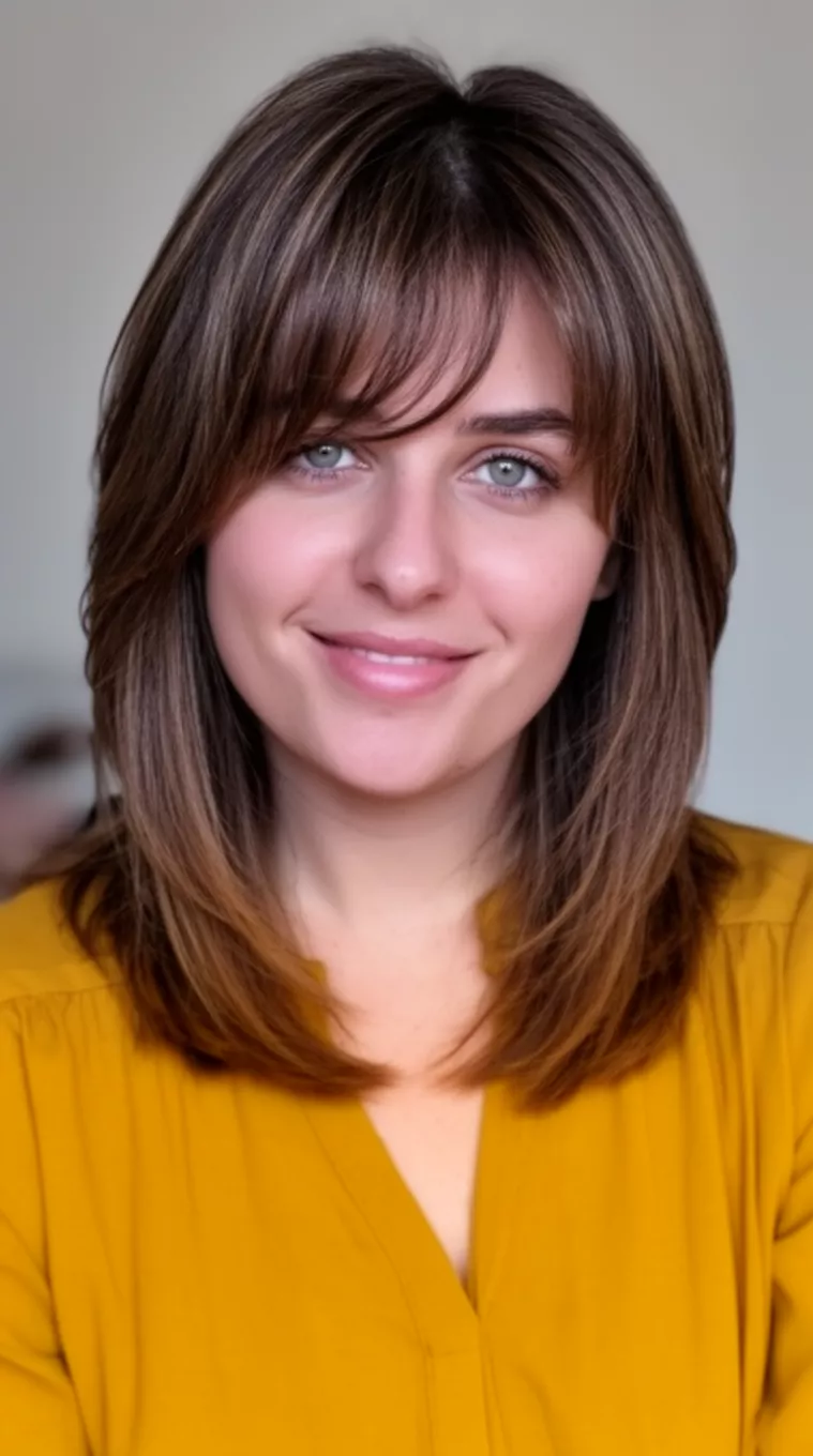casual photo of a 27-year-old woman wearing a mustard yellow blouse with a bronze brown medium layered hairstyle