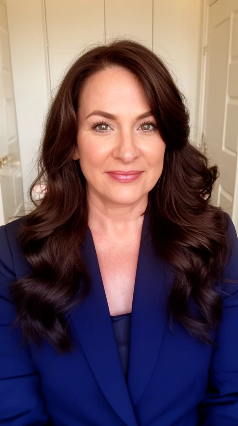 casual photo of a 43-year-old woman wearing a deep navy blue blazer with a dark chocolate melt long wavy hairstyle