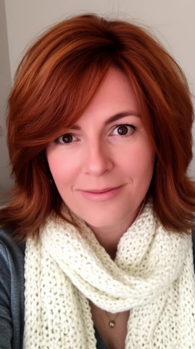 selfie of a 36-year-old woman wearing a cream knit scarf with a honeyed chestnut medium layered hairstyle