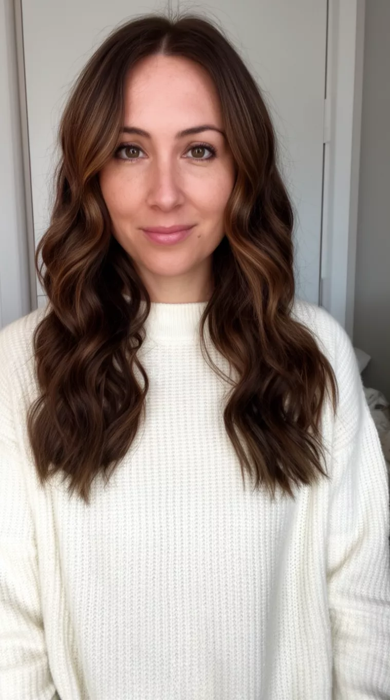 casual photo of a 33-year-old woman wearing an ivory cashmere sweater with a mocha meltdown medium wavy hairstyle