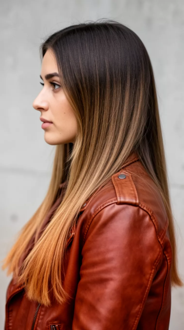 side view casual photo of a 20-year-old woman wearing a brown leather jacket with a bronze balayage long straight hairstyle