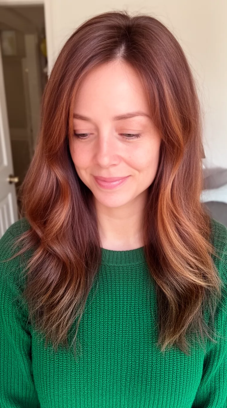 casual photo of a 38-year-old woman wearing a forest green knit top with a smoked maple long layered hairstyle