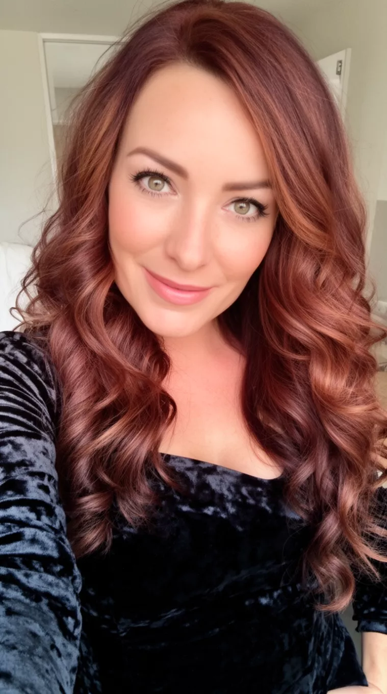 selfie of a 35-year-old woman wearing a black velvet dress with a spiced plum brown long wavy hairstyle