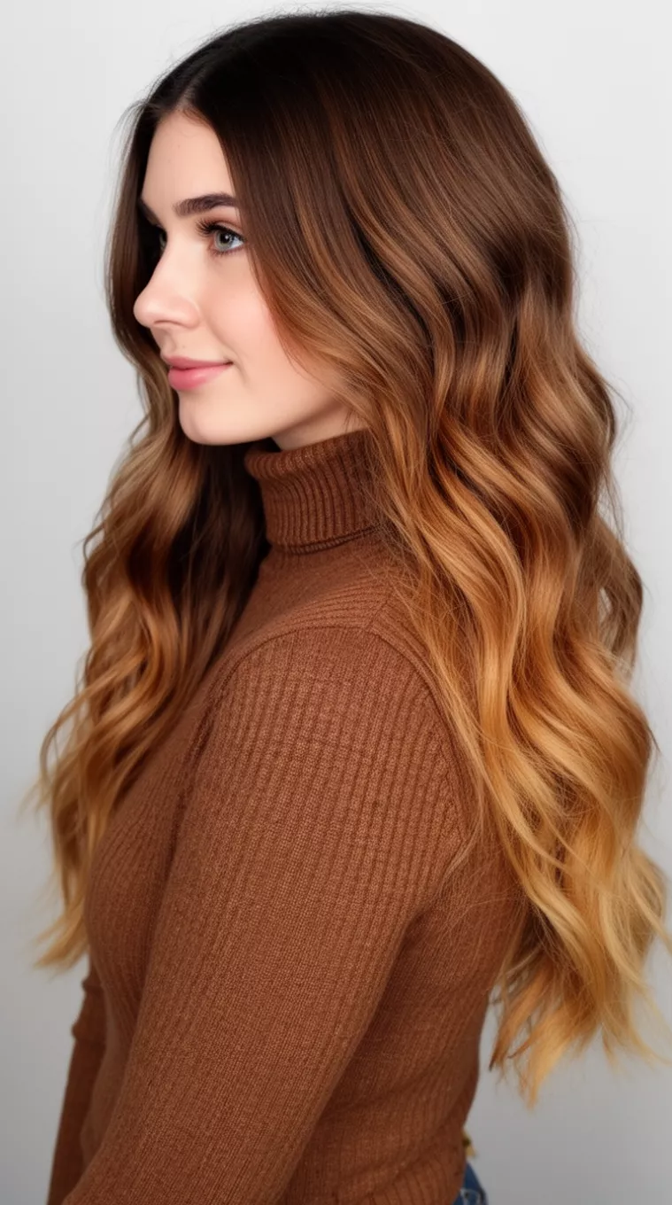 side view casual photo of a 27-year-old woman wearing a brown turtleneck with a caramel mocha ombre long wavy hairstyle