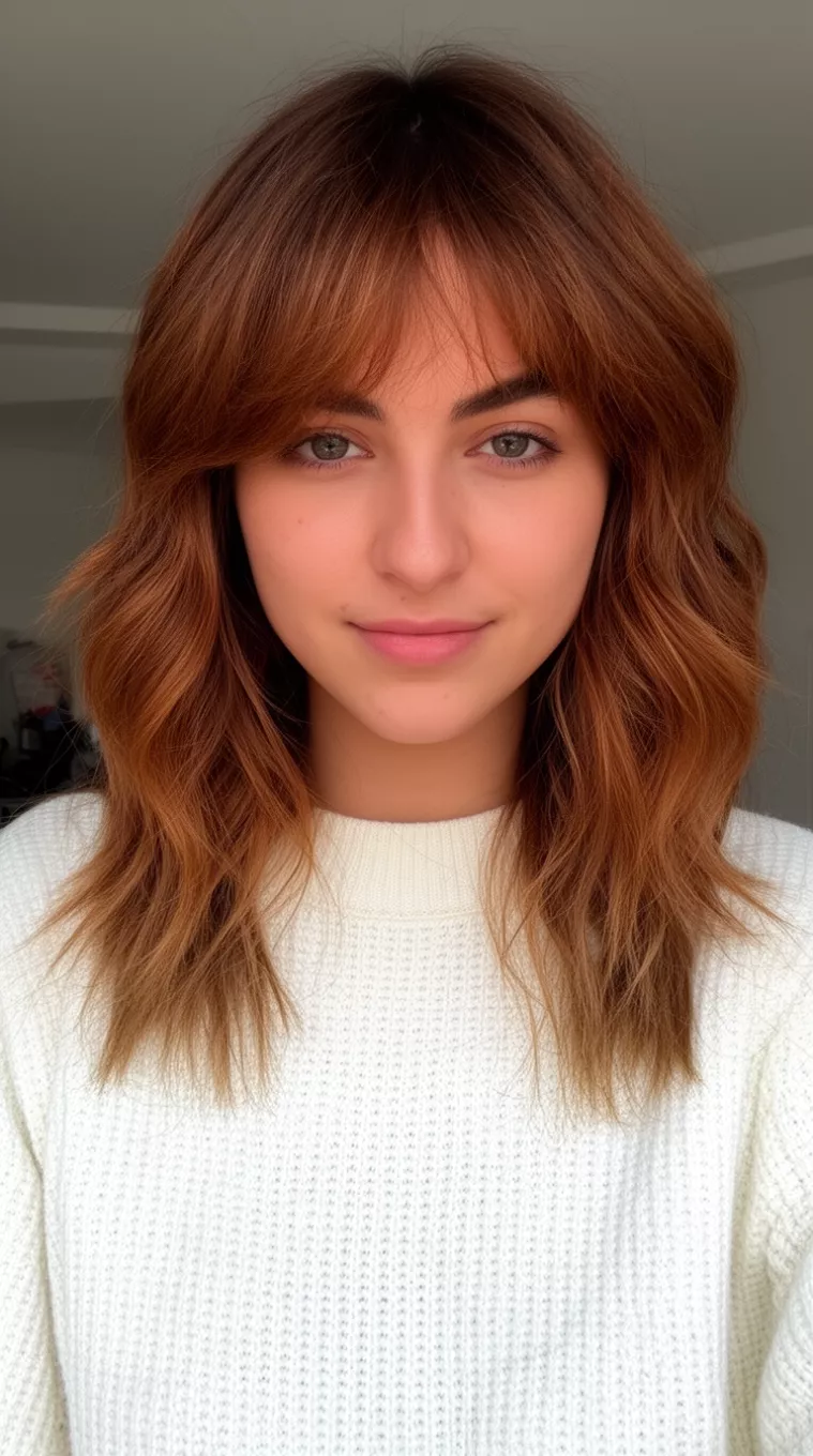 casual photo of a 21-year-old woman wearing a creamy white sweater with a toasted coconut brown medium layered hairstyle