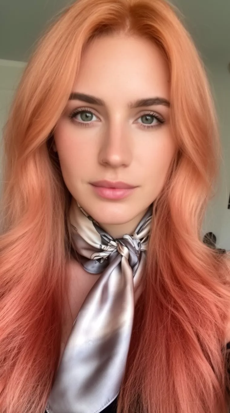 a selfie of a 26-year-old woman wearing a silk scarf with a blushed copper colored long hairstyle, front view