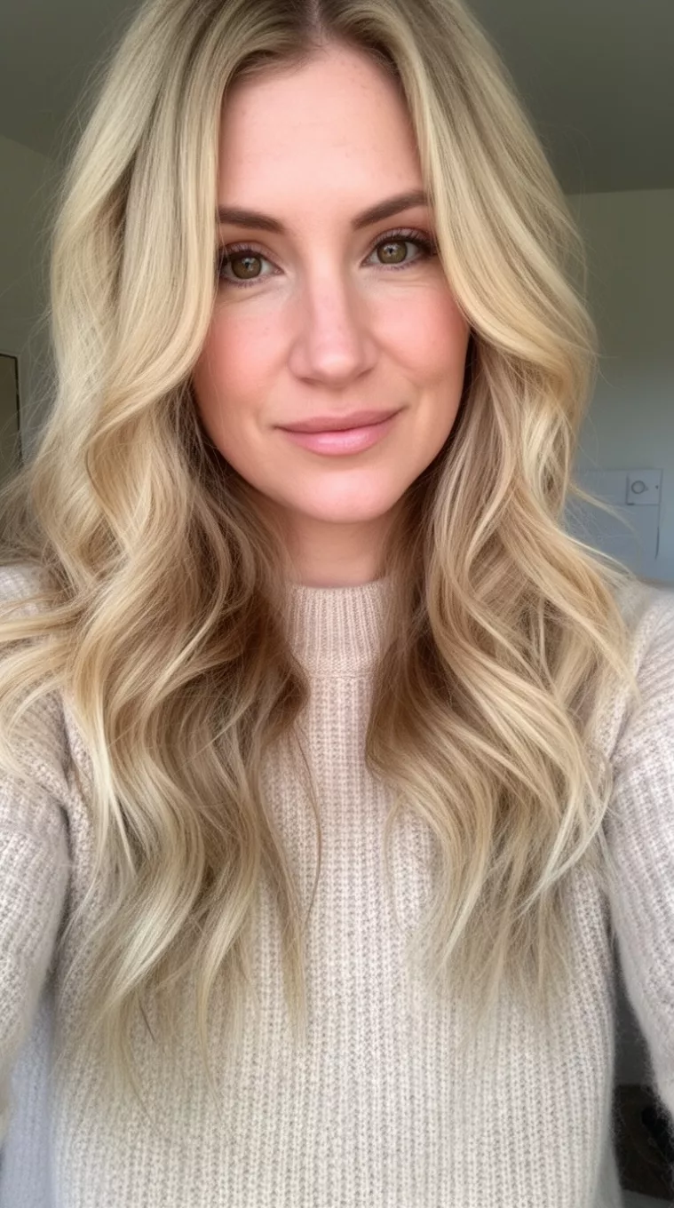 selfie of a 34-year-old woman wearing a soft sweater with a cashmere blonde colored long wavy hairstyle