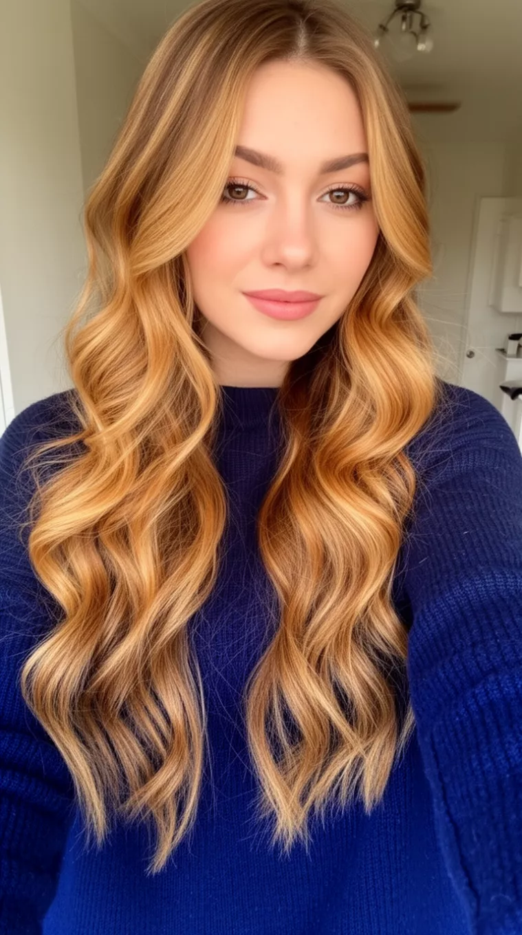selfie of a 26-year-old woman wearing a navy blue sweater with a caramel money piece long wavy hairstyle