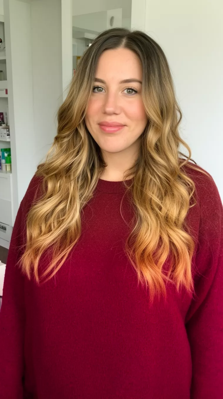 casual photo of a 32-year-old woman wearing a deep red sweater with honeyed highlights long wavy hairstyle