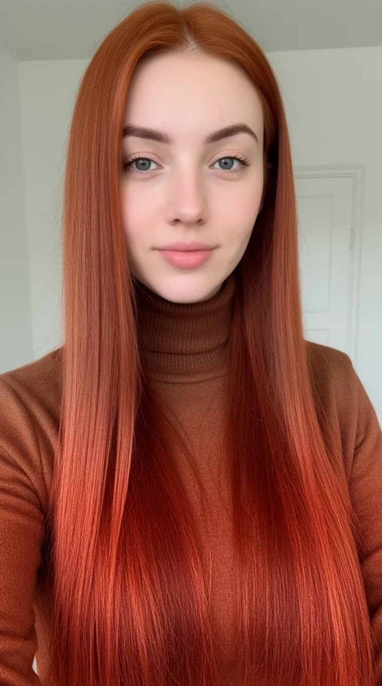 casual photo of a 28-year-old woman wearing a brown turtleneck with a subtle auburn colored long straight hairstyle