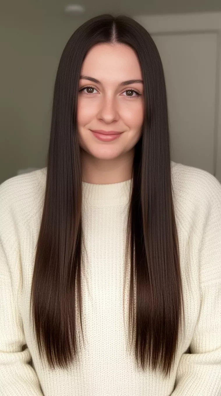 casual photo of a 31-year-old woman wearing a cream sweater with an espresso colored long straight hairstyle
