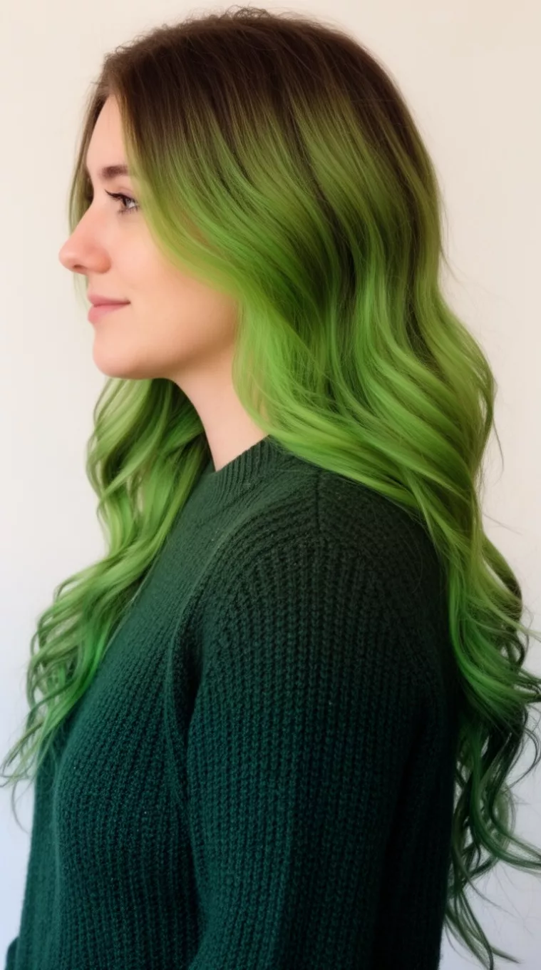 casual photo of a 28-year-old woman wearing a dark green sweater with a green colored long wavy hairstyle, side view