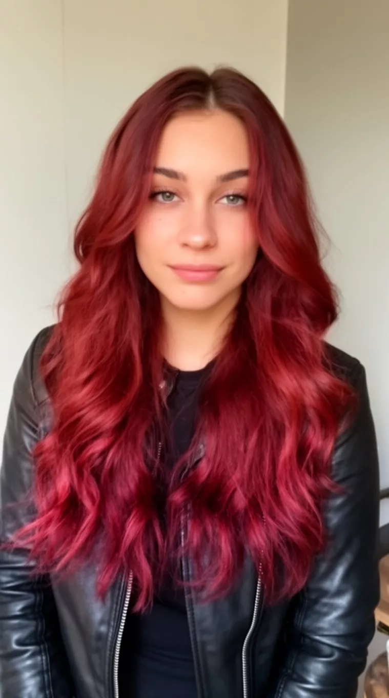 casual photo of a 27-year-old woman wearing a black leather jacket with a cherry cola colored long wavy hairstyle