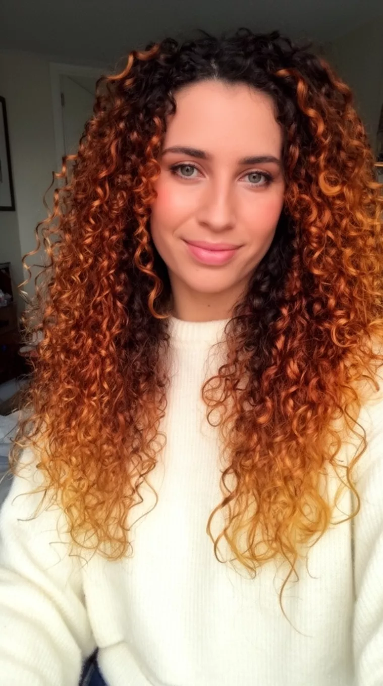 casual photo of a 31-year-old woman wearing a cream sweater with copper and amber highlights in her long curly hairstyle