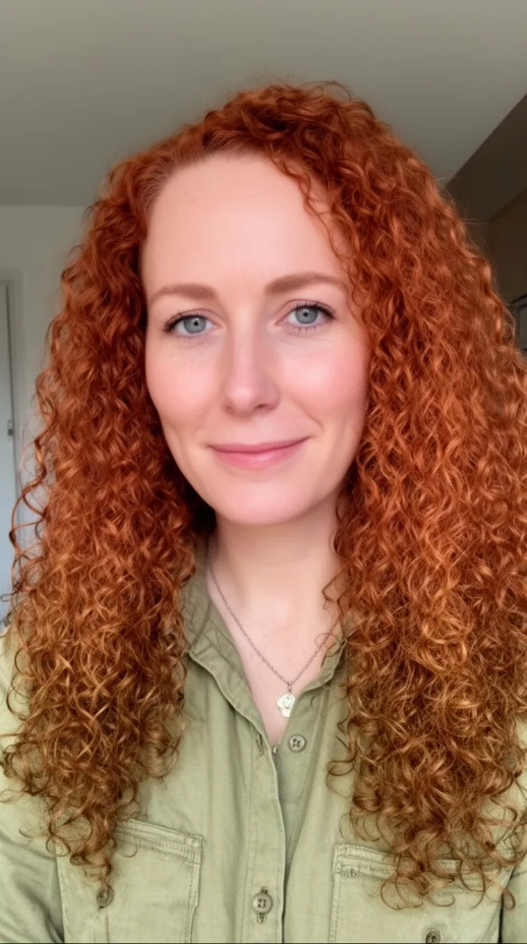 casual photo of a 34-year-old woman wearing a khaki shirt with a ginger brown colored long curly hairstyle