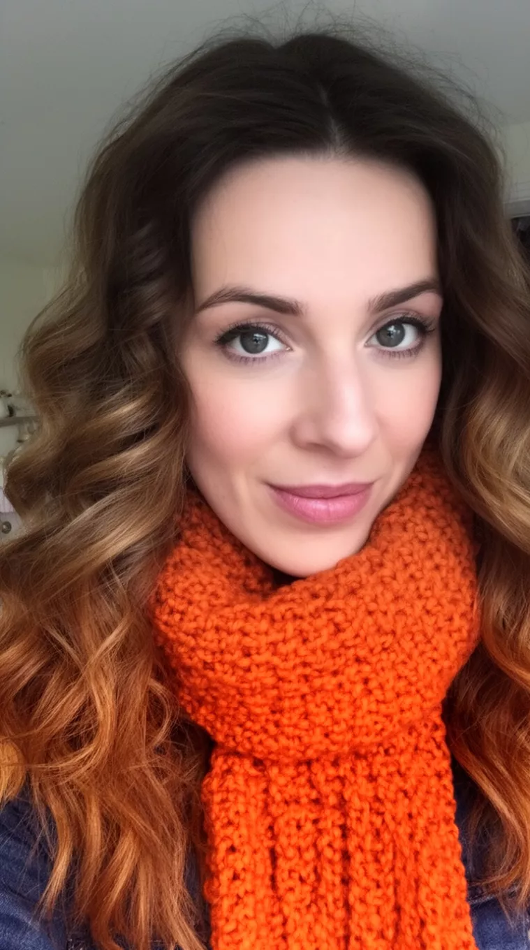 casual photo of a 34-year-old woman wearing an orange knitted scarf with a pumpkin spice colored long wavy hairstyle