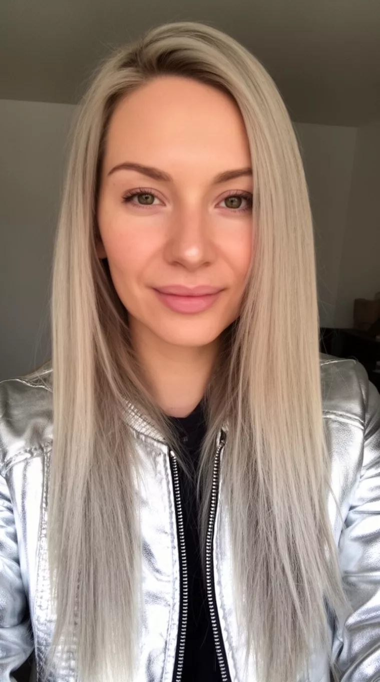 casual photo of a 30-year-old woman wearing a silver jacket with an ash blonde colored long straight hairstyle