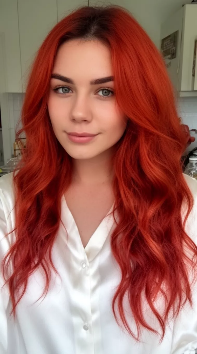 casual photo of a 28-year-old woman wearing a white silk blouse with a bloody mary colored long wavy hairstyle
