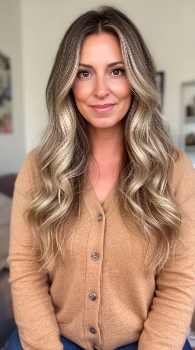 casual photo of a 35-year-old woman wearing a tan cardigan with a bronde colored long wavy hairstyle
