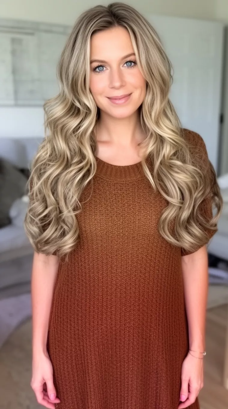 casual photo of a 30-year-old woman wearing a brown knitted dress with a blonde mocha colored long wavy hairstyle