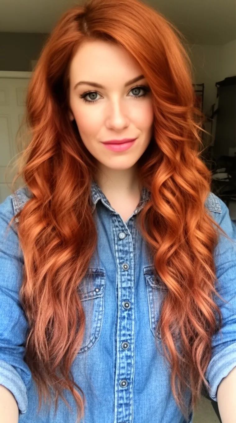 casual photo of a 27-year-old woman wearing a denim shirt with a cowgirl copper colored long wavy hairstyle