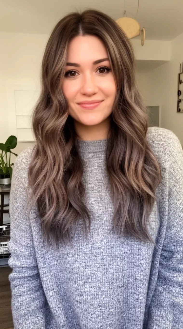 casual photo of a 36-year-old woman wearing a gray sweater with an ashy brown balayage colored long wavy hairstyle