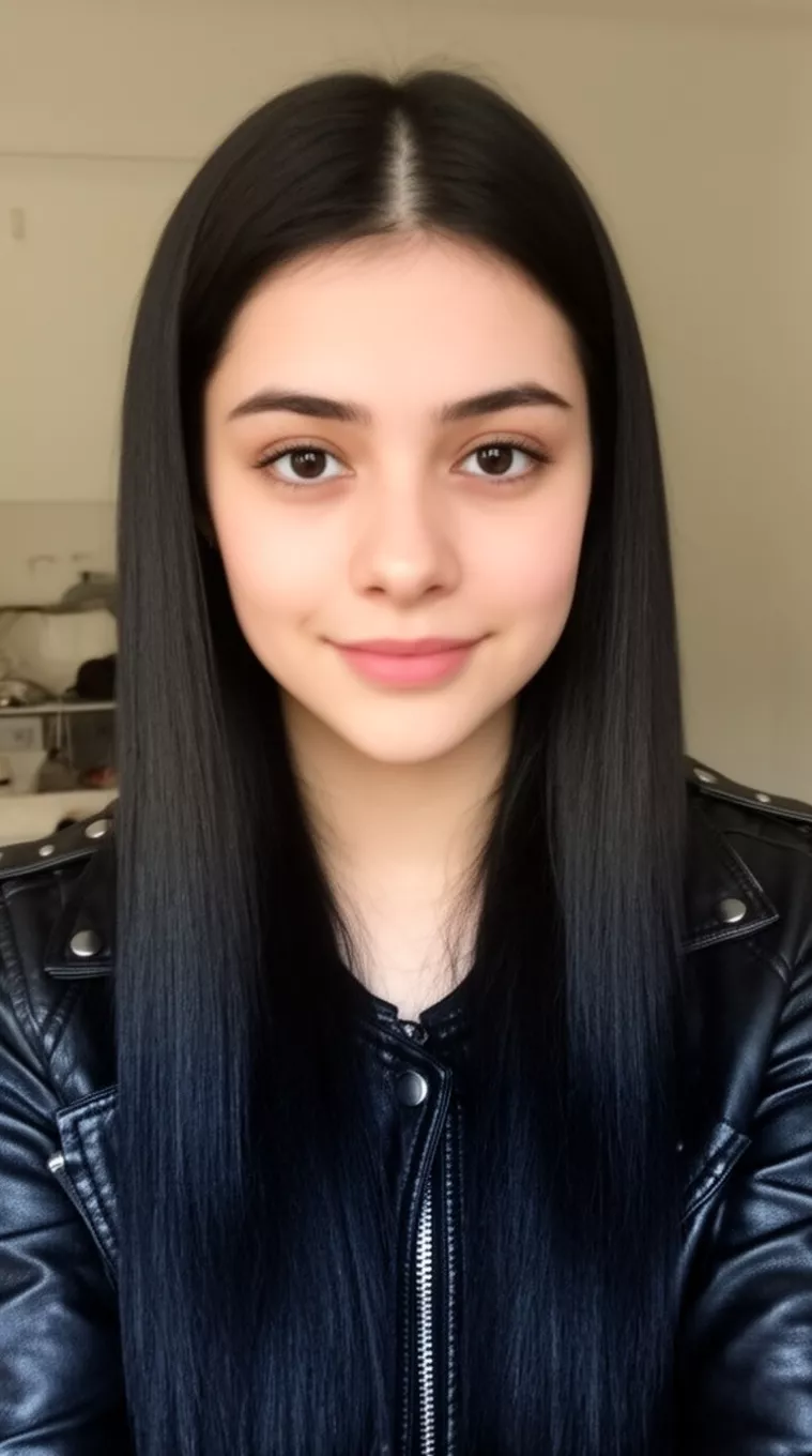 casual photo of a 20-year-old woman wearing a black leather jacket with a jet black colored long straight hairstyle