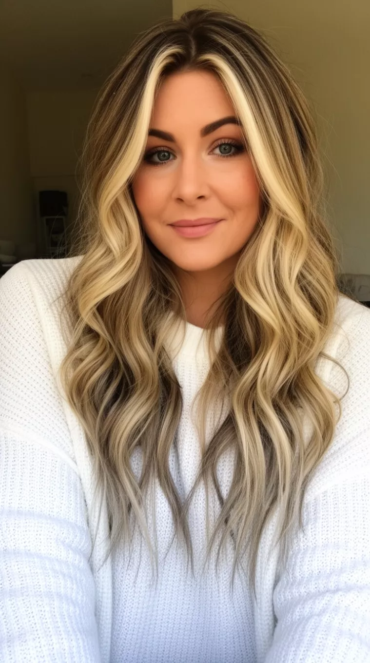 casual photo of a 29-year-old woman wearing a white sweater with blended blonde highlights in her long wavy hairstyle
