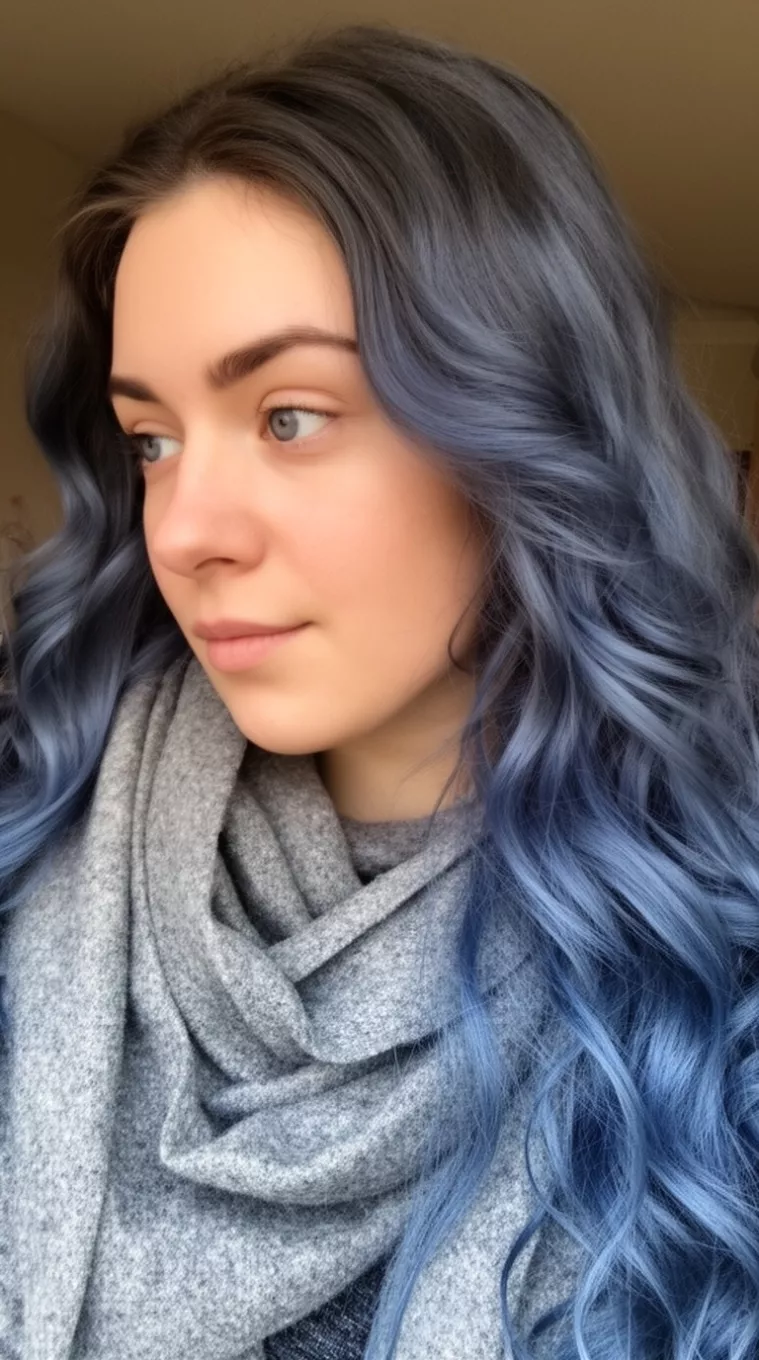 casual photo of a 26-year-old woman wearing a gray scarf with a smokey blue colored long wavy hairstyle, side view