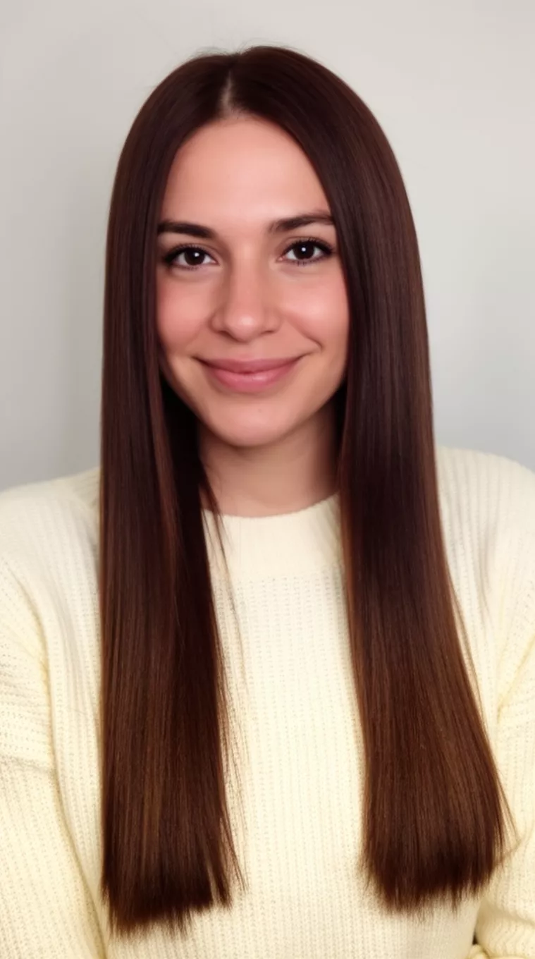 casual photo of a 32-year-old woman wearing a cream sweater with a chocolate almond colored long straight hairstyle