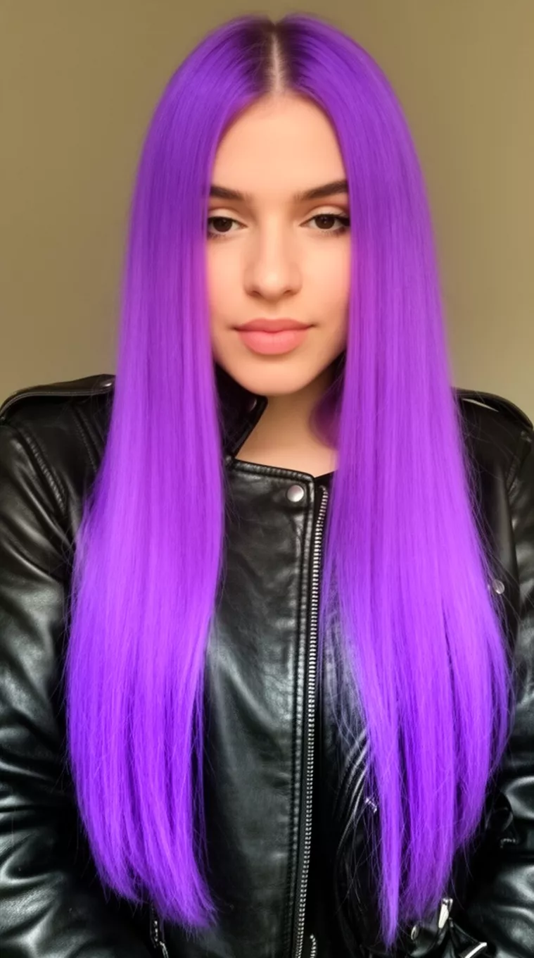 casual photo of a 26-year-old woman wearing a black leather jacket with an ultra-violet colored long straight hairstyle