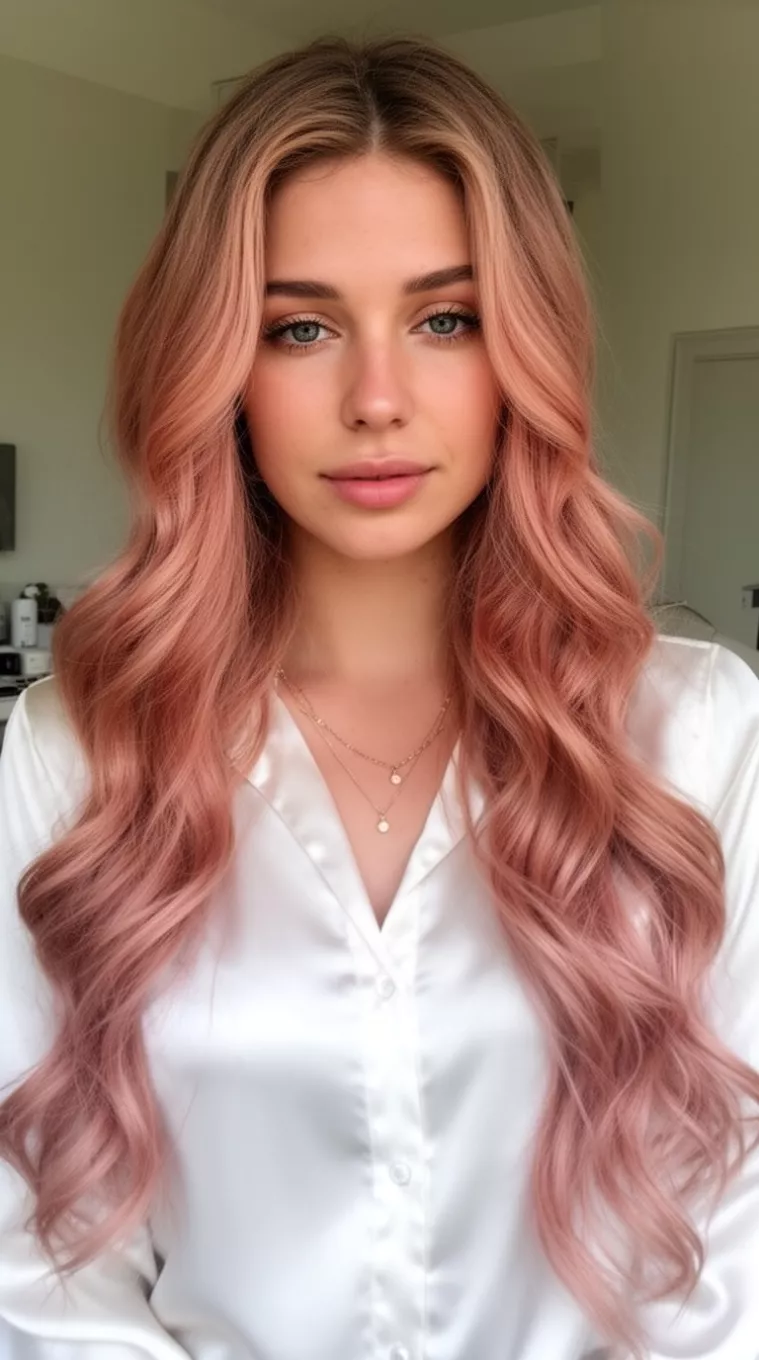 casual photo of a 24-year-old woman wearing a white silk blouse with a rose gold colored long wavy hairstyle