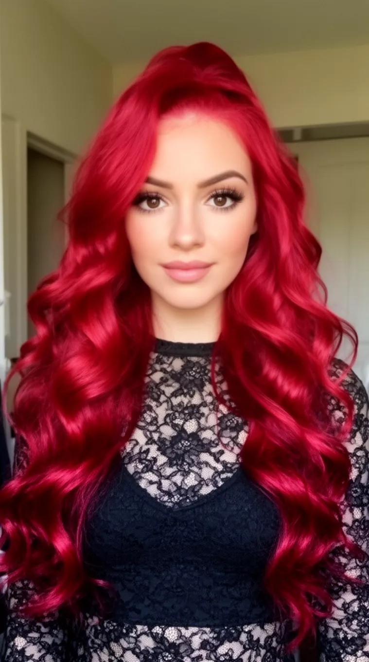 casual photo of a 29-year-old woman wearing a black lace top with a red velvet colored long wavy hairstyle