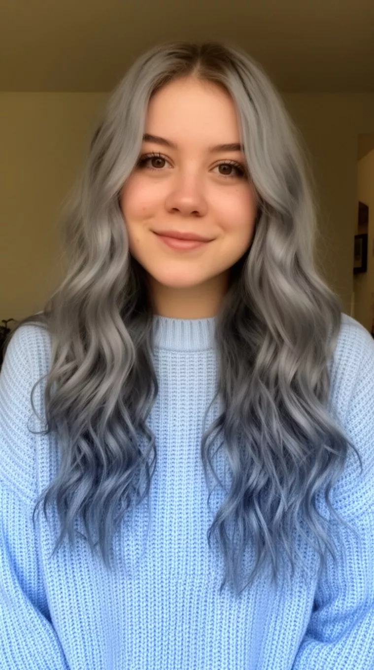 casual photo of a 23-year-old woman wearing a light blue knitted sweater with a gray blue colored long wavy hairstyle