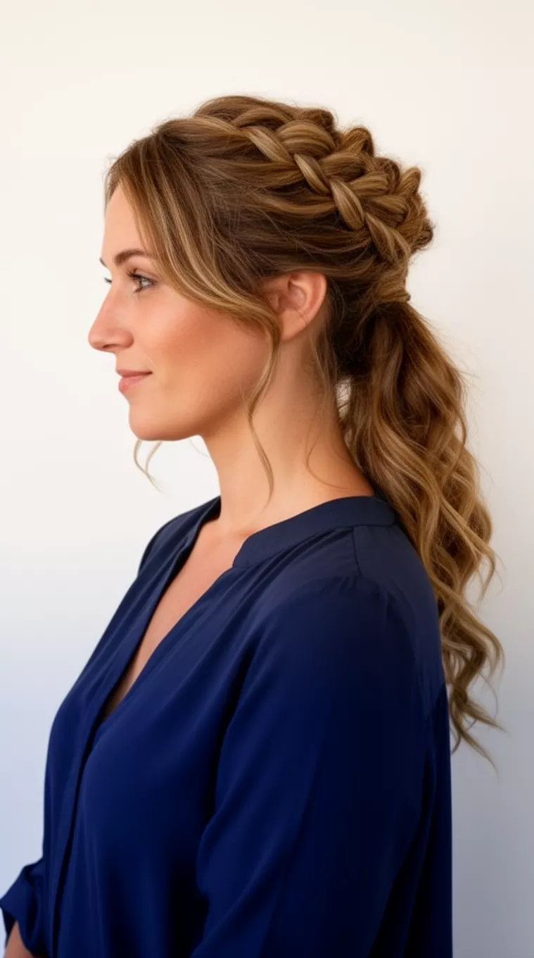 casual photo of a 30-year-old woman wearing a navy blue blouse with a braided half-up, half-down hairstyle, side view