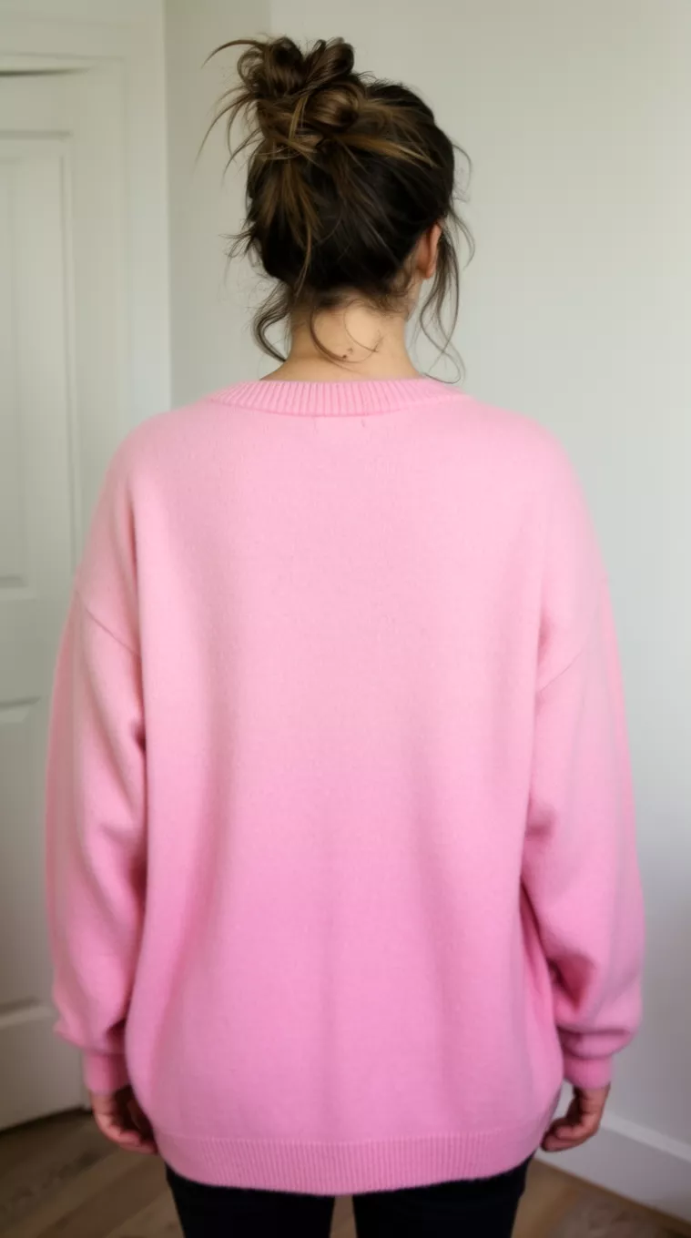 casual photo of a 26-year-old woman wearing a soft pink oversized sweater with a messy top knot hairstyle, back view