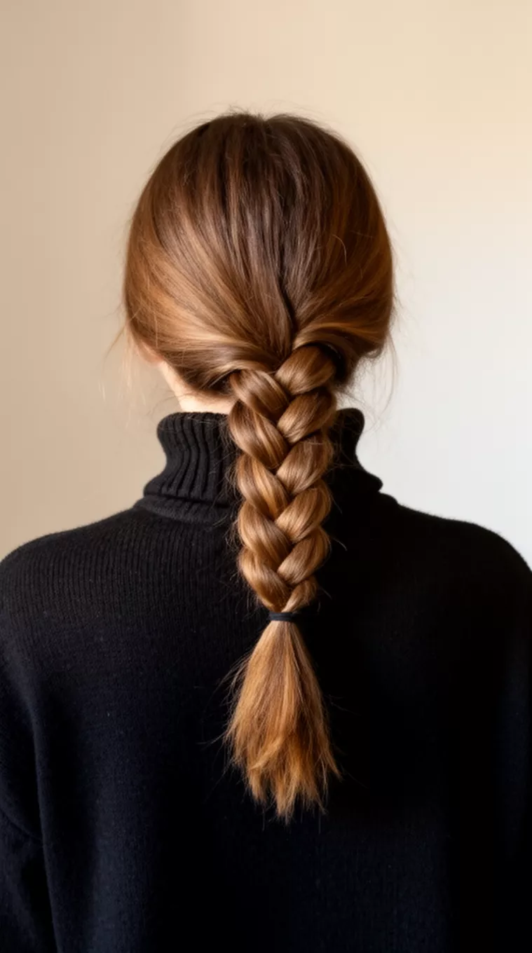 casual photo of a 25-year-old woman wearing a black turtleneck sweater with a wrapped ponytail braid hairstyle, back view