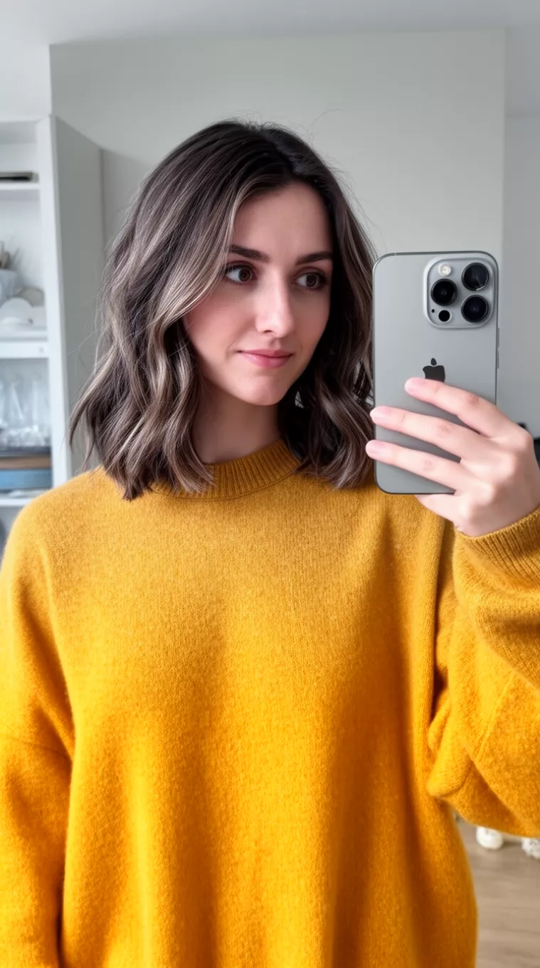 selfie of a 27-year-old woman wearing a mustard yellow loose sweater with a chin-length cut with soft air-dried waves, shot on an iPhone 16 Pro Max