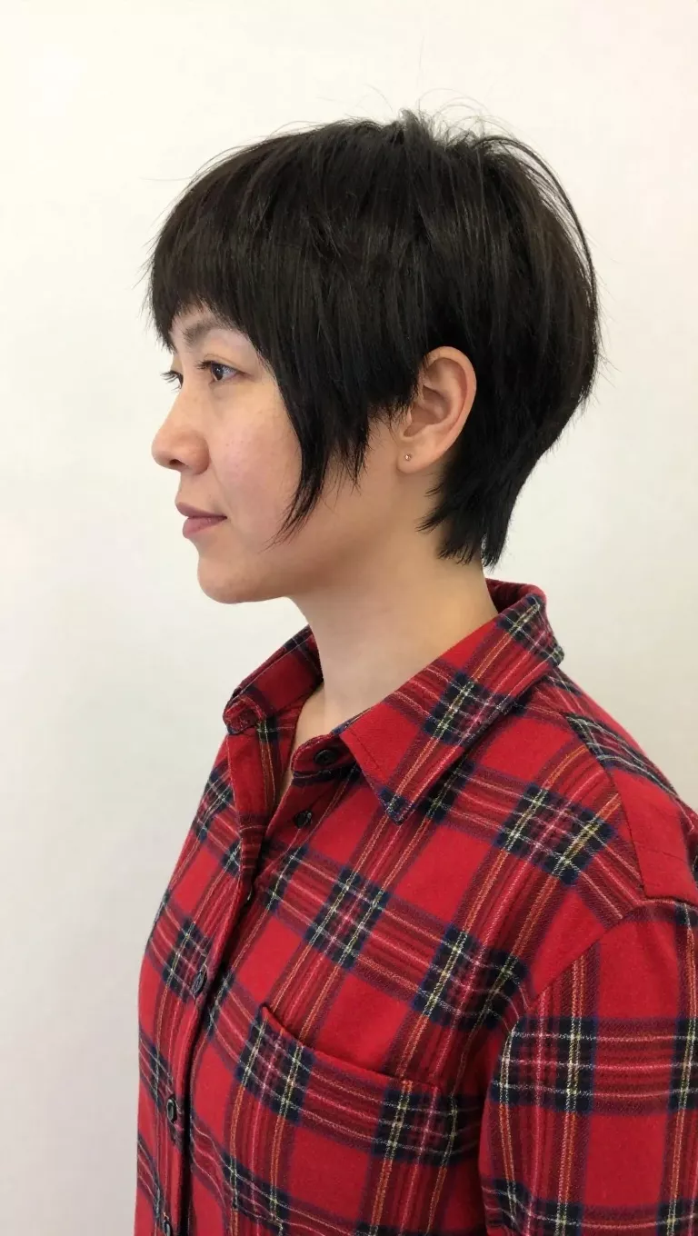 casual photo of a 36-year-old woman wearing a red plaid shirt with a pixie haircut with long side bangs, side view