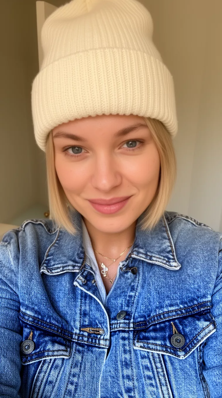 selfie of a 33-year-old woman wearing a cream beanie and a denim jacket with a hat-friendly cropped cut, shot on an iPhone 16 Pro Max