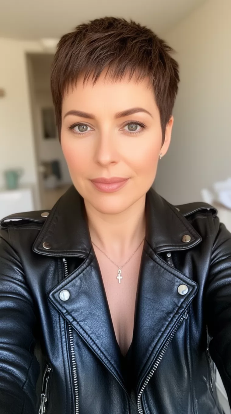 selfie of a 34-year-old woman wearing a black leather jacket with a short mullet, shot on an iPhone 14 Pro Max
