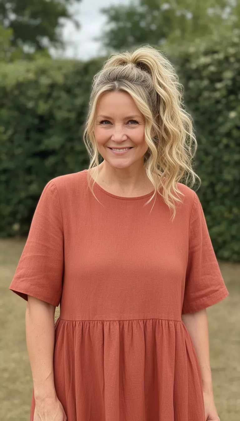 casual photo of a 41-year-old woman wearing a terracotta cotton dress with a dimensional honey blonde messy ponytail, shot with an iPhone 15 Pro Max